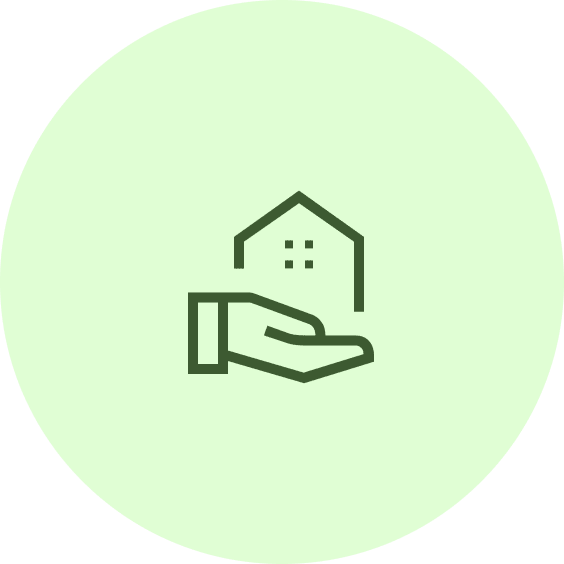 A green circle with a hand holding a house